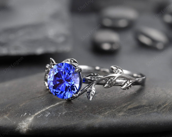Black Gold Plated Round Cornflower Blue Sapphire Solitaire Ring, Rhodium Black Hip Hop Leaf Nature Inspired Sapphire Engagement Promise Ring - ShainJewelry