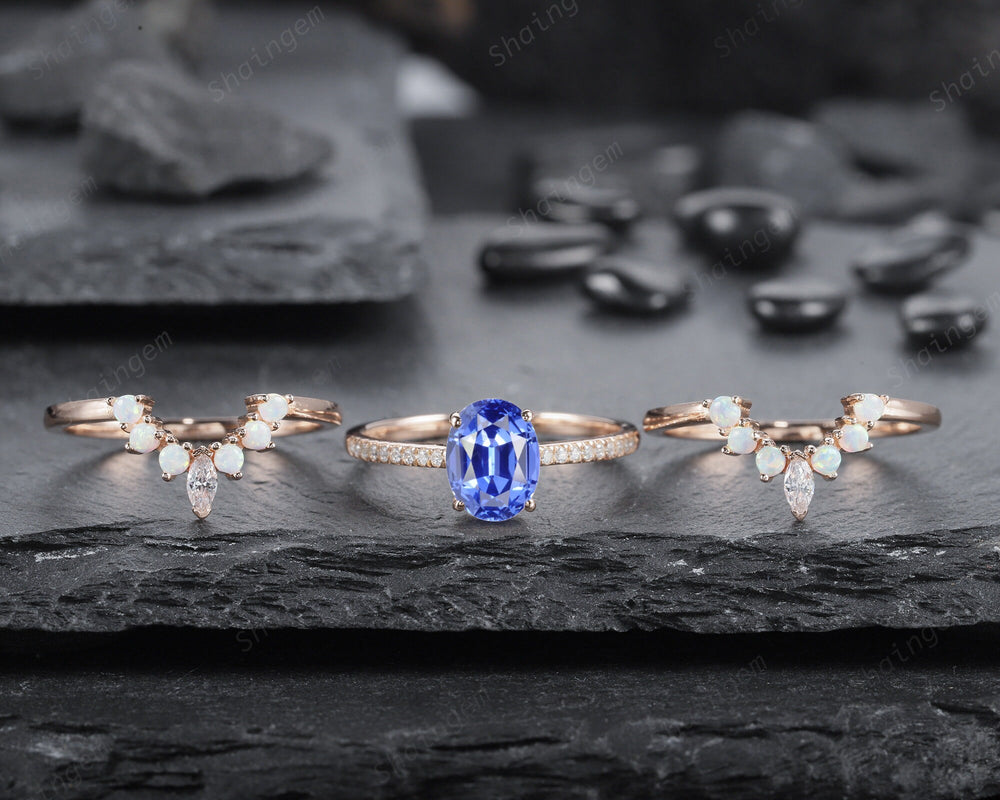 Vintage 3PCS Blue Sapphire and Opal Ring Set, Oval Cornflower Blue Sapphire Bridal Set, 14K Rose Gold Sapphire Wedding Set, Engagement Ring - ShainJewelry