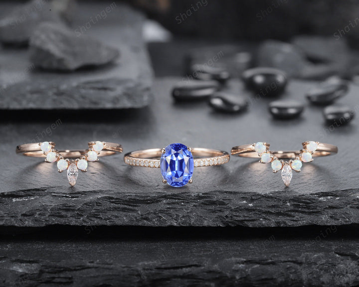 Vintage 3PCS Blue Sapphire and Opal Ring Set, Oval Cornflower Blue Sapphire Bridal Set, 14K Rose Gold Sapphire Wedding Set, Engagement Ring - ShainJewelry