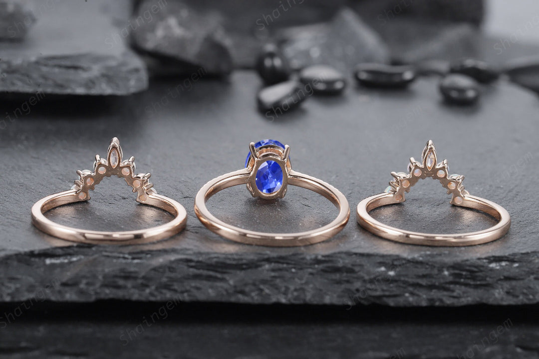 Vintage 3PCS Blue Sapphire and Opal Ring Set, Oval Cornflower Blue Sapphire Bridal Set, 14K Rose Gold Sapphire Wedding Set, Engagement Ring - ShainJewelry