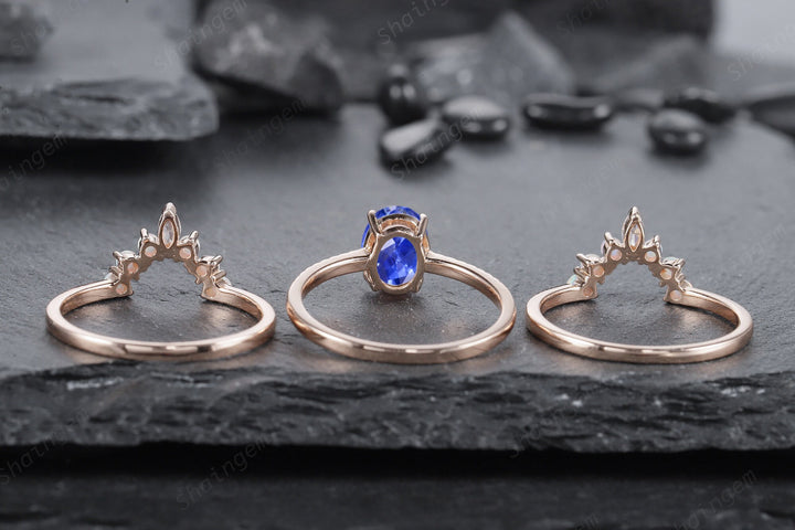 Vintage 3PCS Blue Sapphire and Opal Ring Set, Oval Cornflower Blue Sapphire Bridal Set, 14K Rose Gold Sapphire Wedding Set, Engagement Ring - ShainJewelry