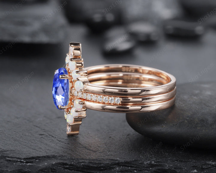 Vintage 3PCS Blue Sapphire and Opal Ring Set, Oval Cornflower Blue Sapphire Bridal Set, 14K Rose Gold Sapphire Wedding Set, Engagement Ring - ShainJewelry