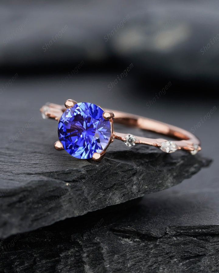 Unique Round Cornflower Blue Sapphire Engagement Ring Vintage White Gold Silver Blue Sapphire Wedding Ring, Blue Sapphire Promise Ring Gift - ShainJewelry