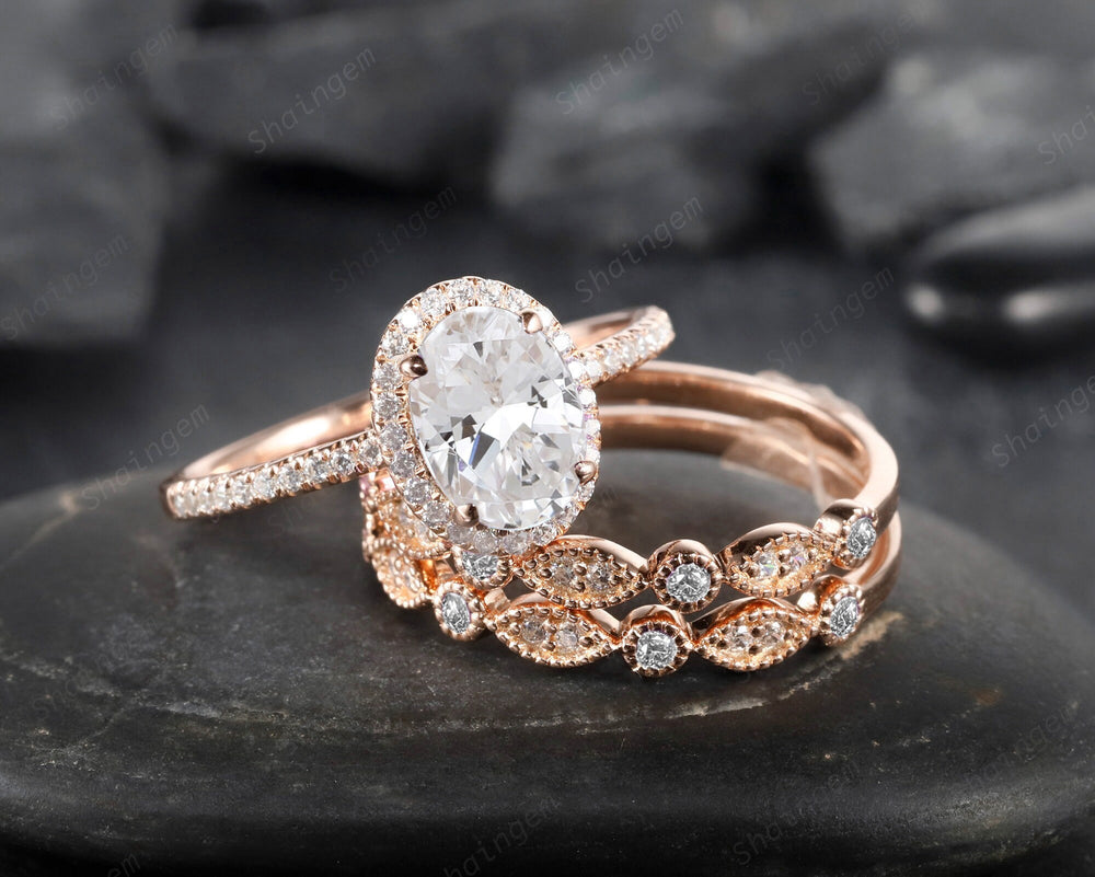 3PCS Oval Cut Mossanite Engagement Halo Ring Set, Vintage 14K Rose Gold Moissanite Bridal Set, Unique Alternative Wedding Set Promise Ring - ShainJewelry