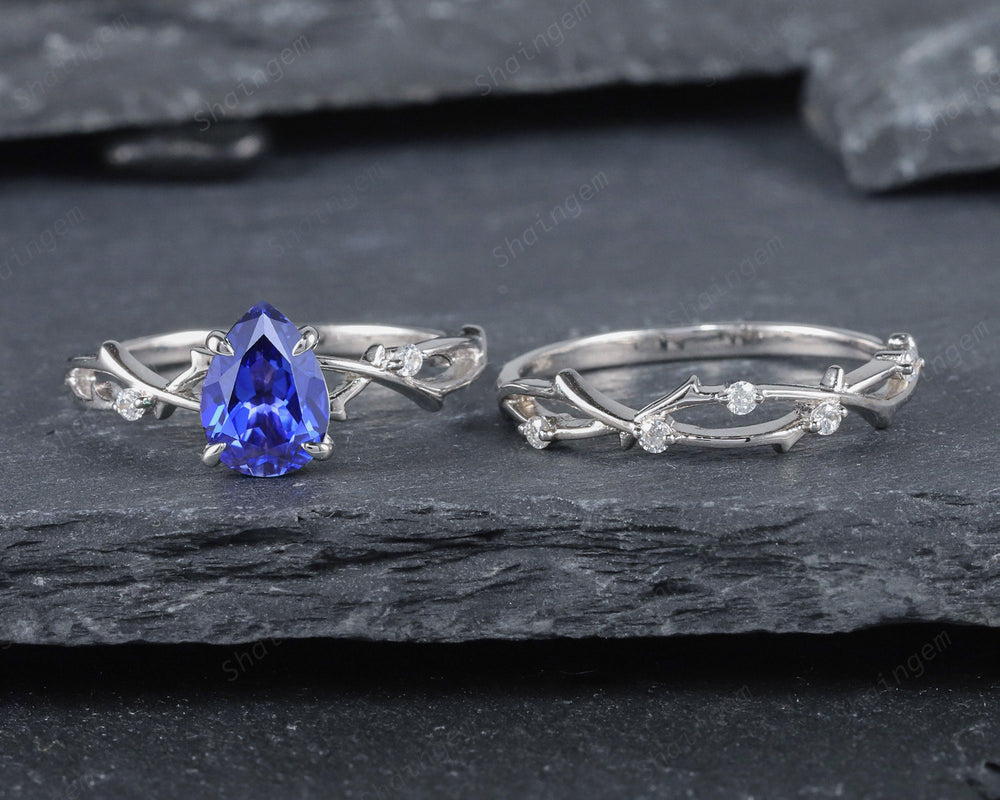 Vintage Pear Cornflower Blue Sapphire and Diamond Engagement Ring Set White Gold Silver Branch Twig Sapphire Promise Wedding Ring Bridal Set - ShainJewelry