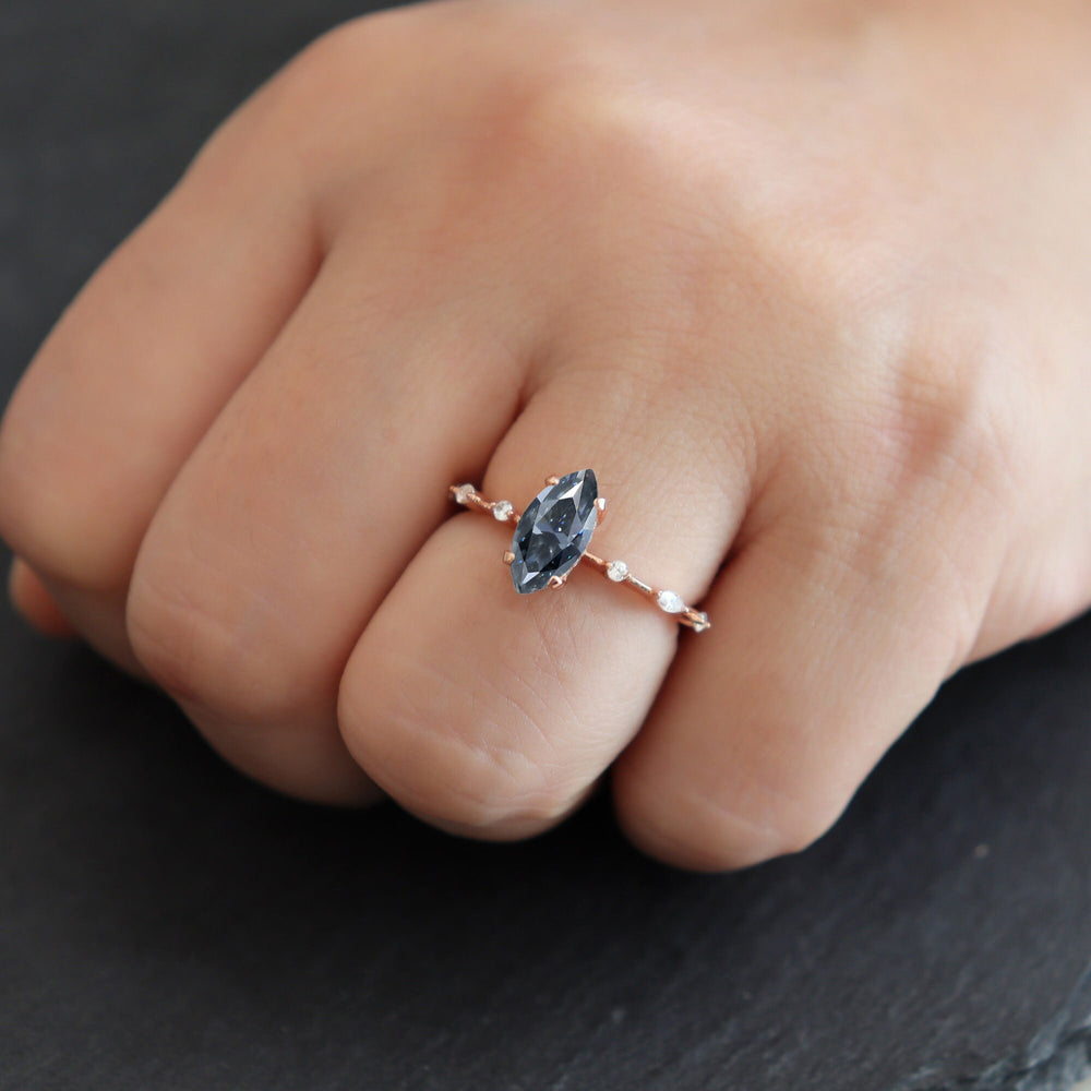 Vintage Marquise Gray Moissanite and Dimaond Ring, Unique Grey Moissanite Wedding Promise Engagement Ring, 14K Rose Gold Hidden Halo Ring - ShainJewelry