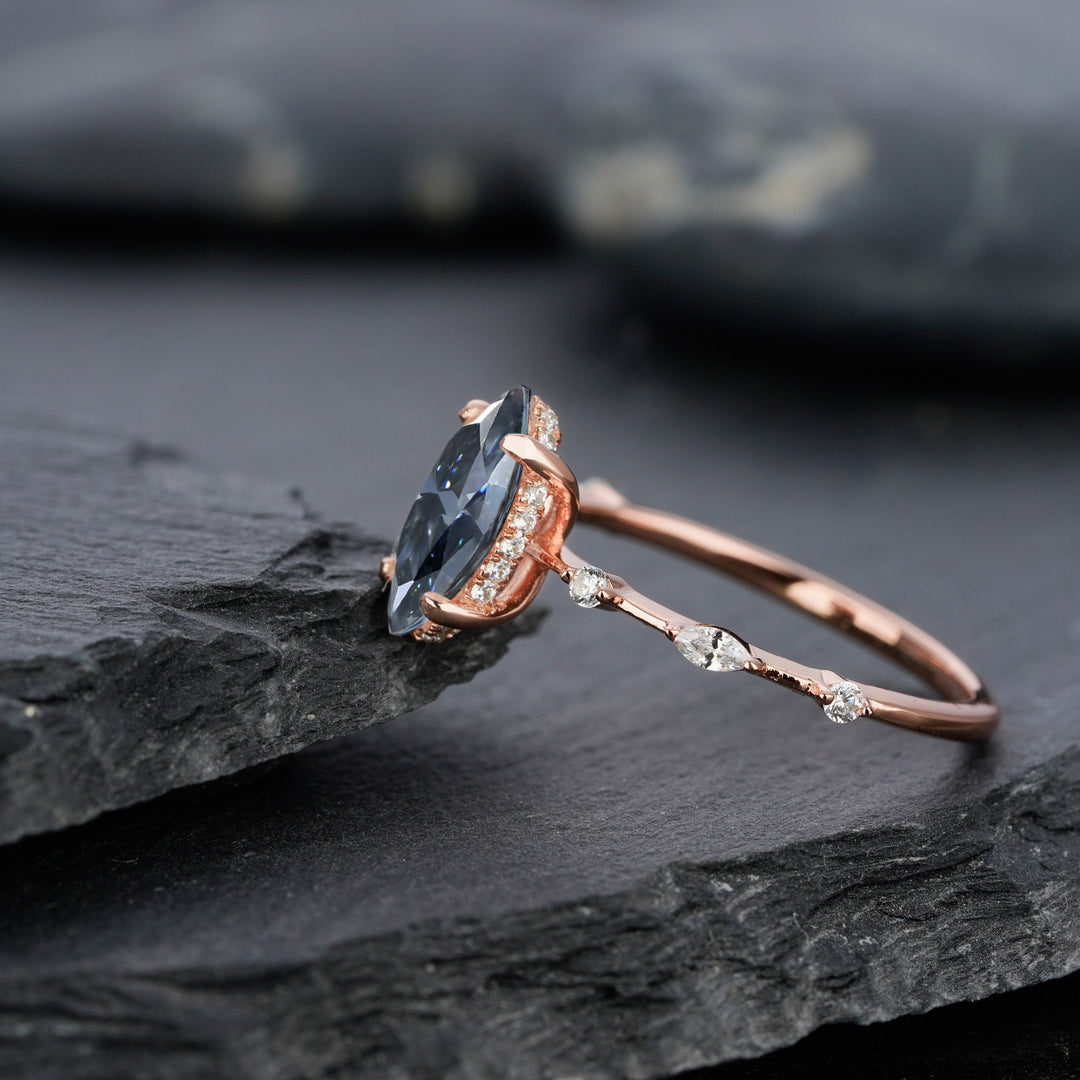 Vintage Marquise Gray Moissanite and Dimaond Ring, Unique Grey Moissanite Wedding Promise Engagement Ring, 14K Rose Gold Hidden Halo Ring - ShainJewelry