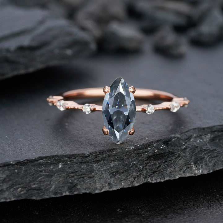 Vintage Marquise Gray Moissanite and Dimaond Ring, Unique Grey Moissanite Wedding Promise Engagement Ring, 14K Rose Gold Hidden Halo Ring - ShainJewelry