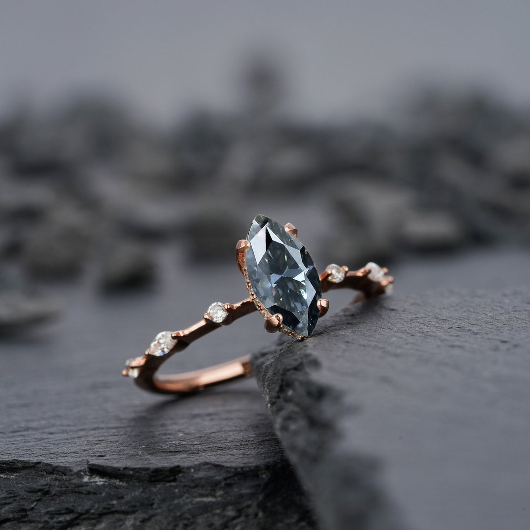 Vintage Marquise Gray Moissanite and Dimaond Ring, Unique Grey Moissanite Wedding Promise Engagement Ring, 14K Rose Gold Hidden Halo Ring - ShainJewelry