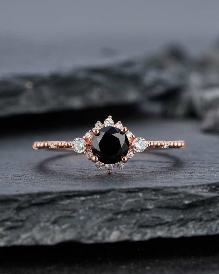 Vintage Natural Black Spinel Engagement Ring, Unique Rose Gold Round Cut Spinel Floral Promise Ring, Milgrain Wedding Ring Gift for Women - ShainJewelry