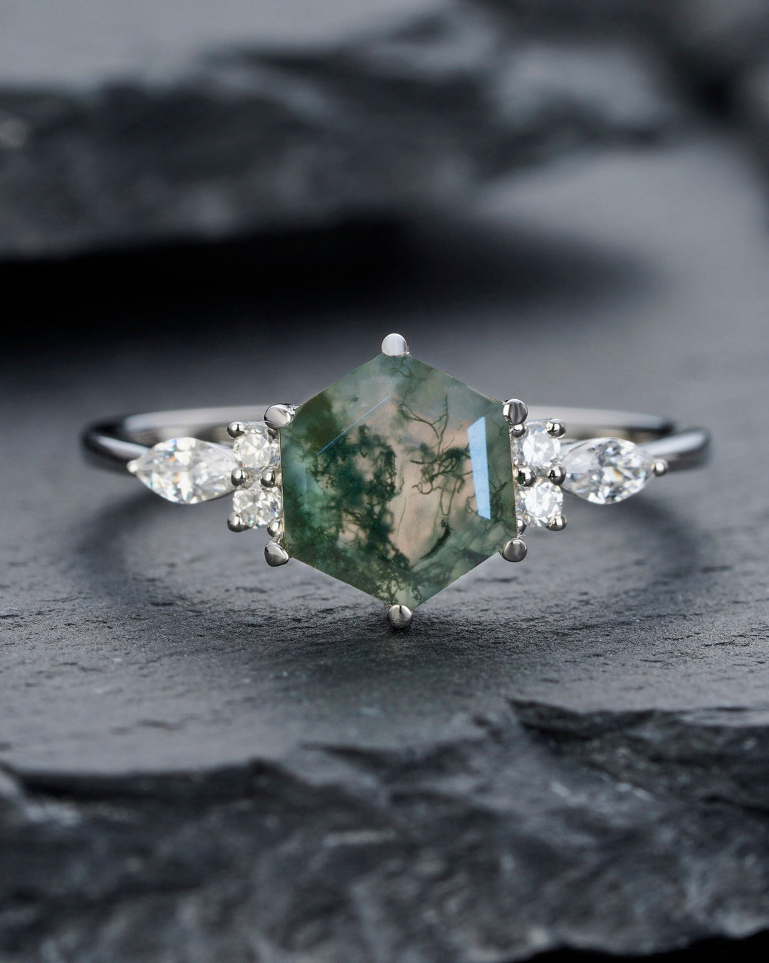 Unique Hexagon Green Tree Moss Agate Engagement Ring, Vintage White Gold Sterling Silver Moss Agate Promise Ring Moss Agate Wedding Ring - ShainJewelry