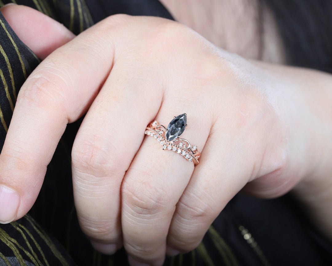 Vintage Marquise Gray Moissanite and Diamond Engagment Ring, Grey Moissanite Crown Milgrain Wedding Promise Ring, 14K Rose Gold Wedding Ring - ShainJewelry