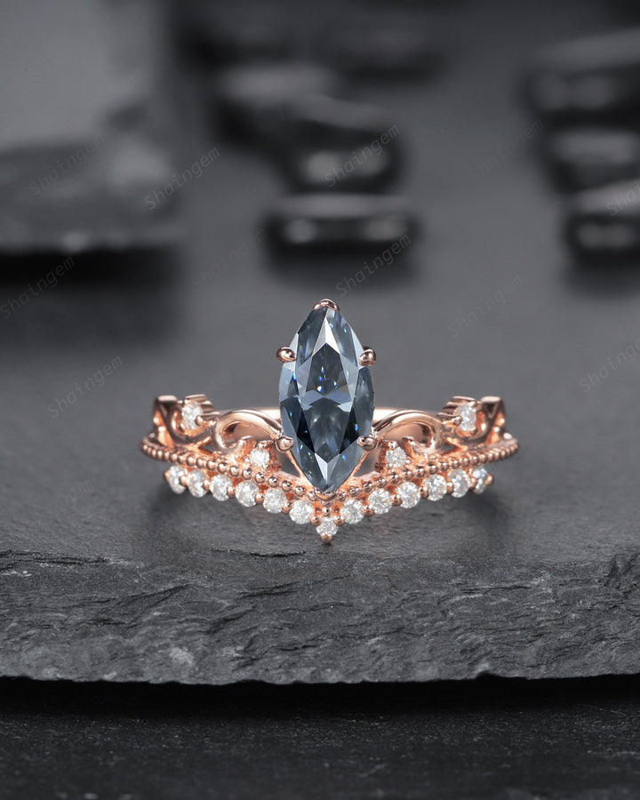 Vintage Marquise Gray Moissanite and Diamond Engagment Ring, Grey Moissanite Crown Milgrain Wedding Promise Ring, 14K Rose Gold Wedding Ring - ShainJewelry