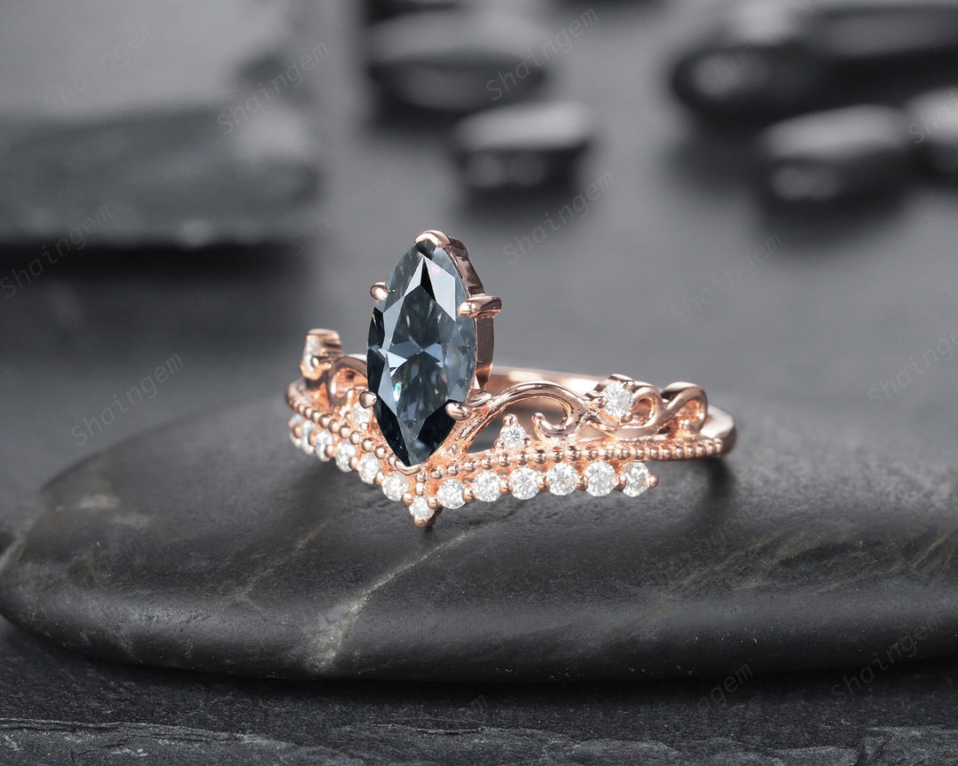 Vintage Marquise Gray Moissanite and Diamond Engagment Ring, Grey Moissanite Crown Milgrain Wedding Promise Ring, 14K Rose Gold Wedding Ring - ShainJewelry