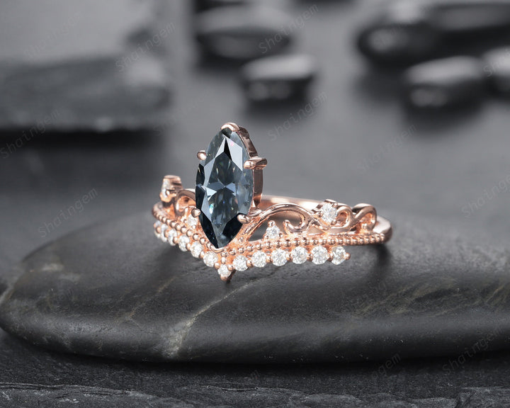 Vintage Marquise Gray Moissanite and Diamond Engagment Ring, Grey Moissanite Crown Milgrain Wedding Promise Ring, 14K Rose Gold Wedding Ring - ShainJewelry