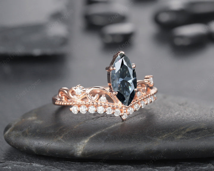 Vintage Marquise Gray Moissanite and Diamond Engagment Ring, Grey Moissanite Crown Milgrain Wedding Promise Ring, 14K Rose Gold Wedding Ring - ShainJewelry