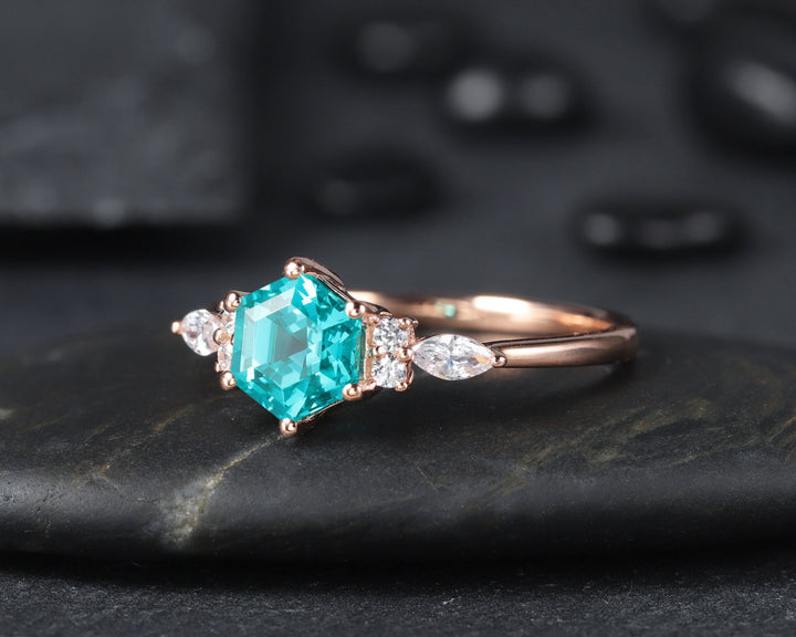 Unique Hexagon Blueish Green Paraiba Tourmaline Engagement Ring, Neon Blue Tourmaline and Diamond Wedding Ring, 14K Rose Gold Promise Ring - ShainJewelry