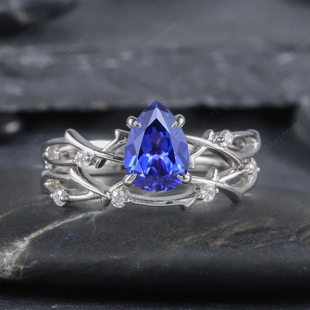 Vintage Pear Cornflower Blue Sapphire and Diamond Engagement Ring Set White Gold Silver Branch Twig Sapphire Promise Wedding Ring Bridal Set - ShainJewelry