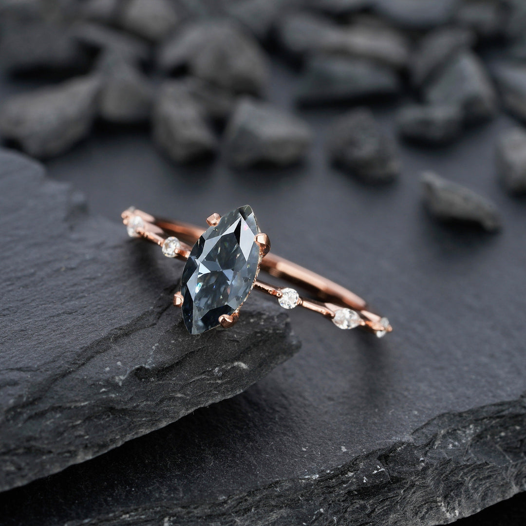 Vintage Marquise Gray Moissanite and Dimaond Ring, Unique Grey Moissanite Wedding Promise Engagement Ring, 14K Rose Gold Hidden Halo Ring - ShainJewelry
