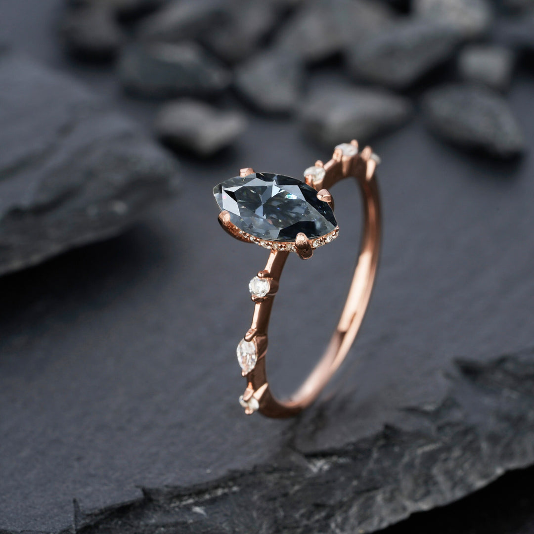 Vintage Marquise Gray Moissanite and Dimaond Ring, Unique Grey Moissanite Wedding Promise Engagement Ring, 14K Rose Gold Hidden Halo Ring - ShainJewelry