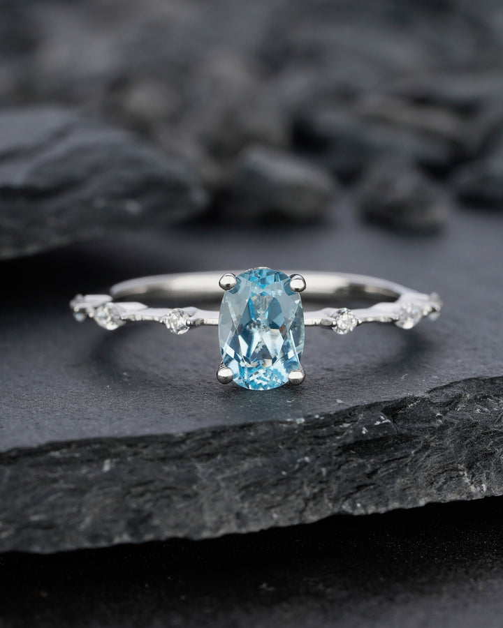 Unique Natural Oval Topaz Engagement Ring, Swiss Blue Topaz Hidden Halo Promise Ring, 14k White Gold /Silver 925 Anniversary Wedding Ring - ShainJewelry