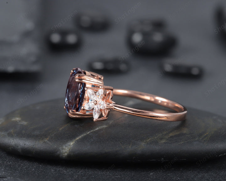 Vintage 8x10mm Oval Alexandrite and Floral Diamond Engagement Ring, Unique 14K Rose Gold June Birthstone Cluster Promise Ring, Wedding Ring - ShainJewelry