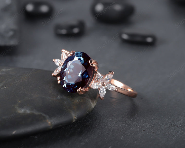 Vintage 8x10mm Oval Alexandrite and Floral Diamond Engagement Ring, Unique 14K Rose Gold June Birthstone Cluster Promise Ring, Wedding Ring - ShainJewelry