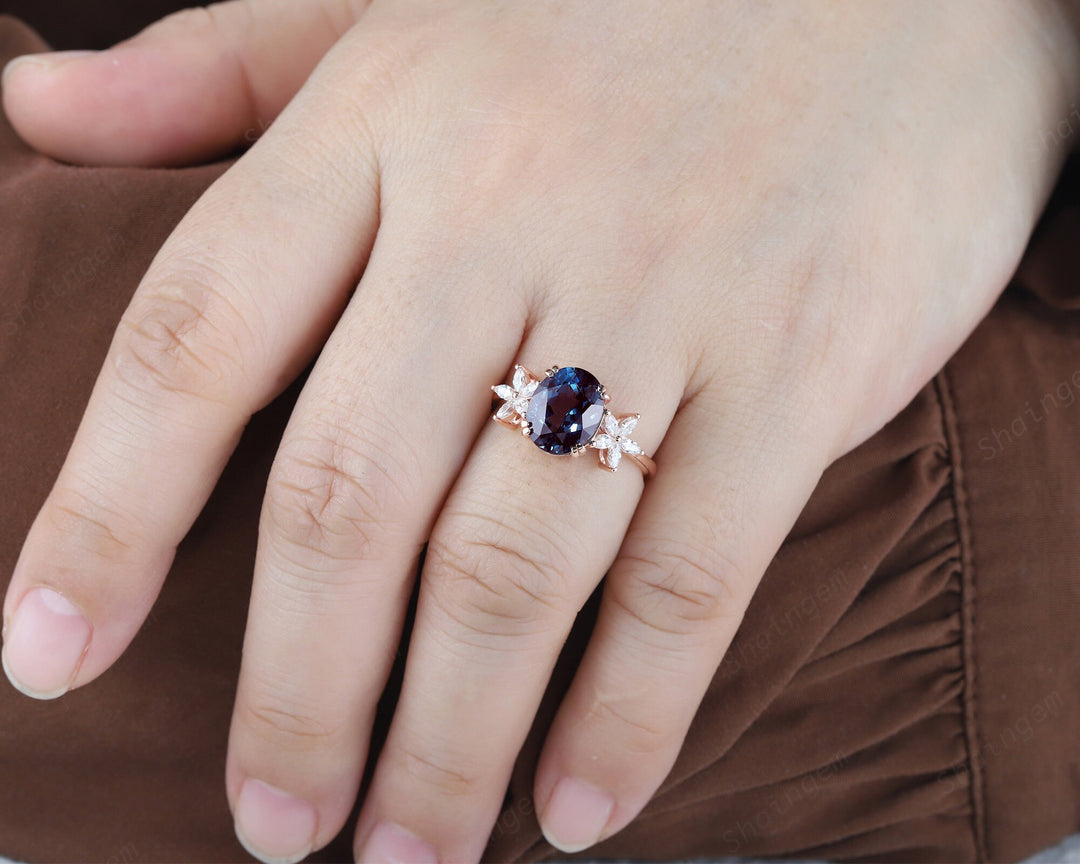 Vintage 8x10mm Oval Alexandrite and Floral Diamond Engagement Ring, Unique 14K Rose Gold June Birthstone Cluster Promise Ring, Wedding Ring - ShainJewelry