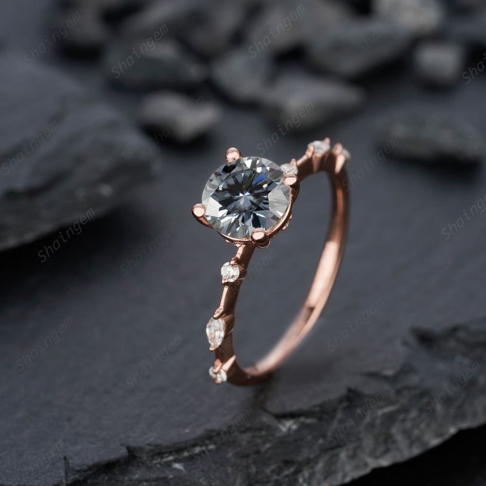 Vintage 1.2CT Round Gray Moissanite and Dimaond Ring, Unique Grey Moissanite Wedding Promise Engagement Ring, 14K Rose Gold Hidden Halo Ring - ShainJewelry