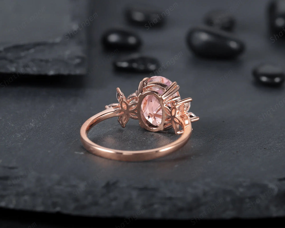 Vintage 8x10mm Oval Pink Morganite and Marquise Diamond Engagement Ring, Unique 14K Rose Gold Cluster Morganite Promise Ring, Wedding Ring - ShainJewelry