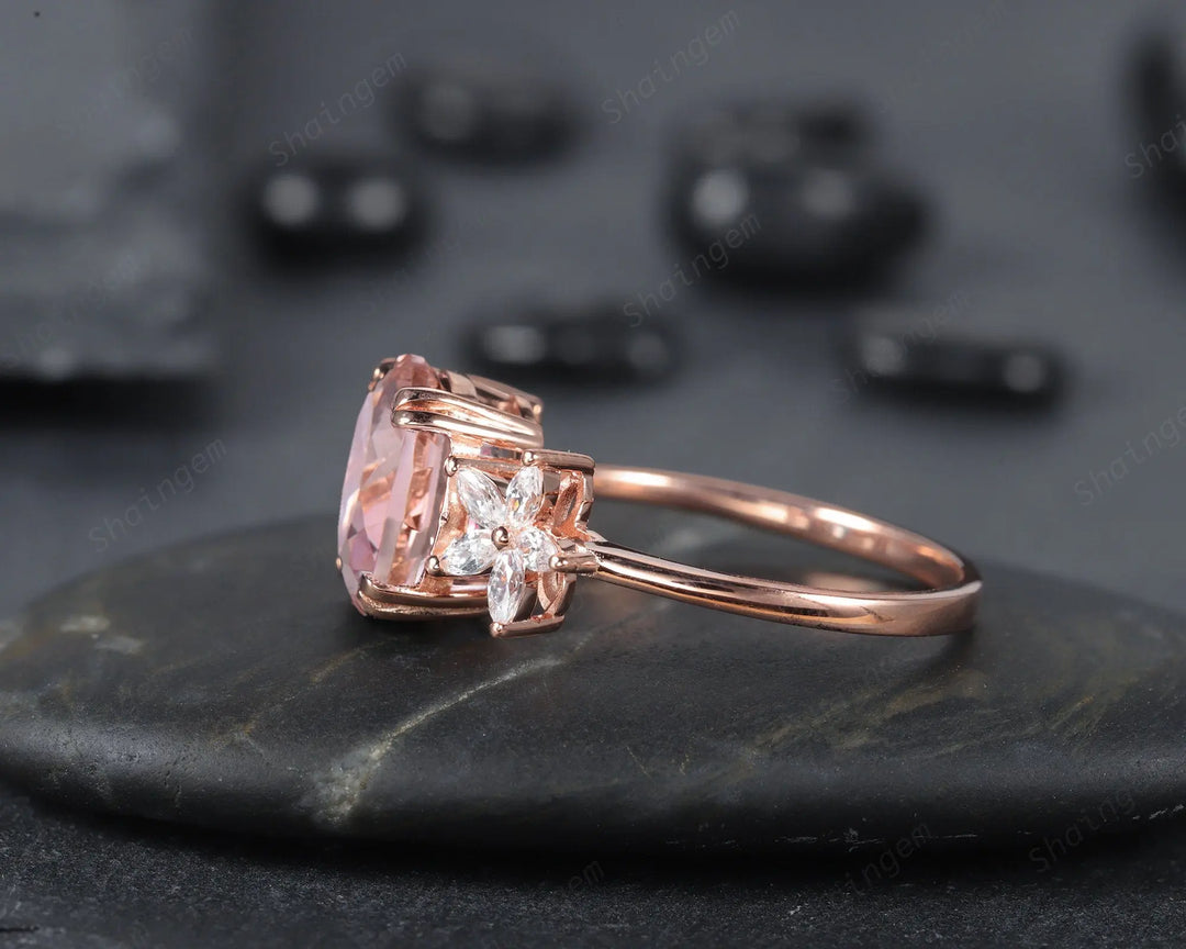Vintage 8x10mm Oval Pink Morganite and Marquise Diamond Engagement Ring, Unique 14K Rose Gold Cluster Morganite Promise Ring, Wedding Ring - ShainJewelry