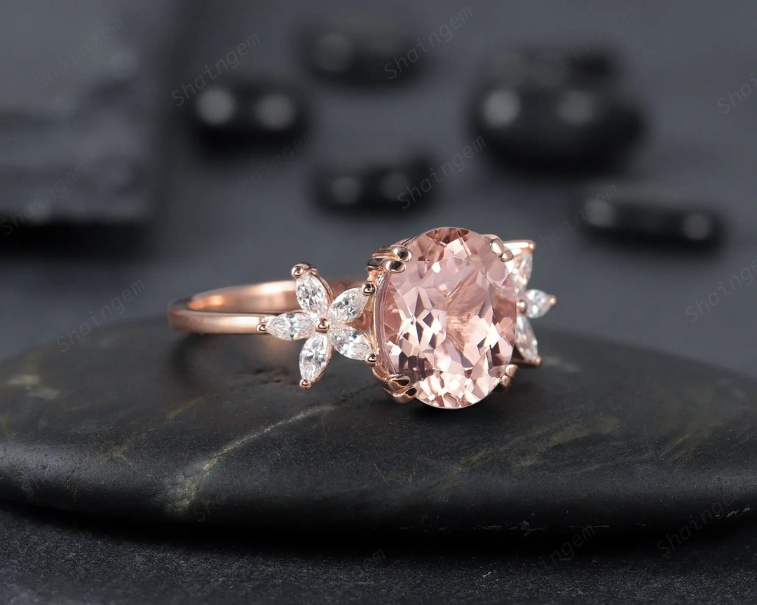 Vintage 8x10mm Oval Pink Morganite and Marquise Diamond Engagement Ring, Unique 14K Rose Gold Cluster Morganite Promise Ring, Wedding Ring - ShainJewelry