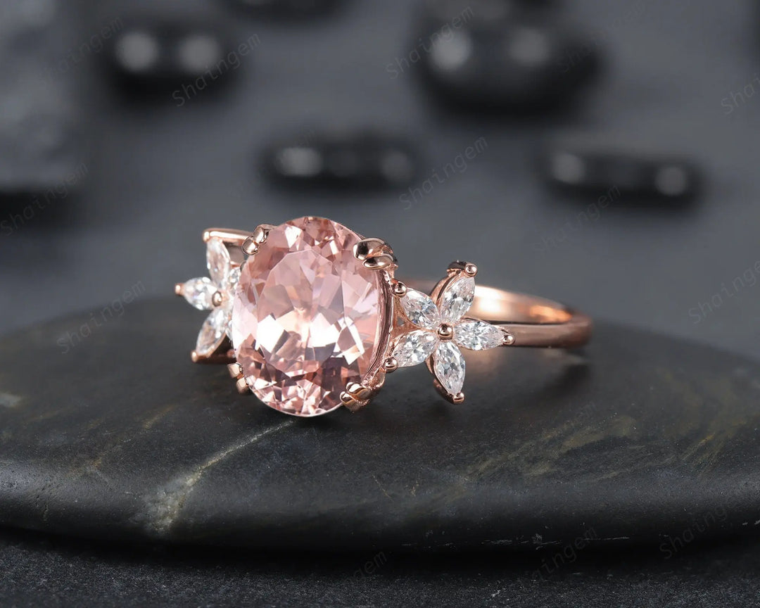 Vintage 8x10mm Oval Pink Morganite and Marquise Diamond Engagement Ring, Unique 14K Rose Gold Cluster Morganite Promise Ring, Wedding Ring - ShainJewelry