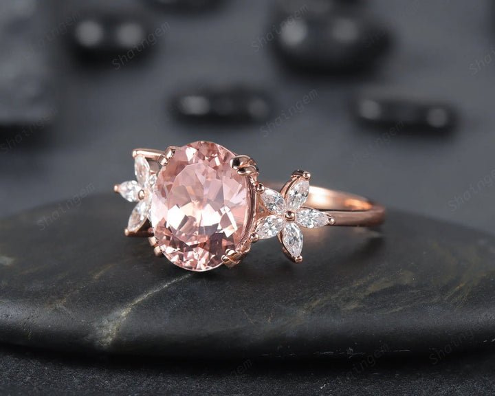 Vintage 8x10mm Oval Pink Morganite and Marquise Diamond Engagement Ring, Unique 14K Rose Gold Cluster Morganite Promise Ring, Wedding Ring - ShainJewelry