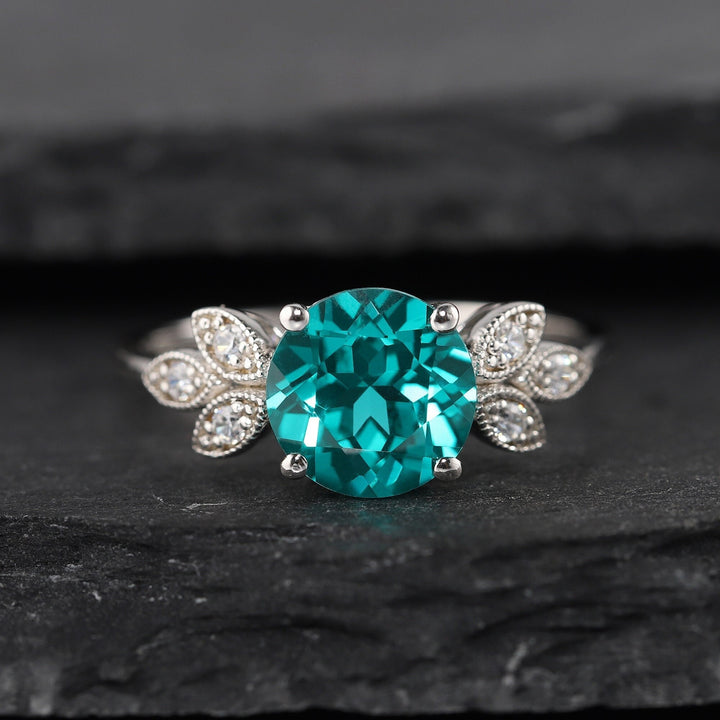 Vintage Paraiba Tourmaline Leaf Engagement Ring, Unique 3 Carats Greenish Blue Round Tourmaline Wedding Ring, Promise Ring Gift for Her - ShainJewelry