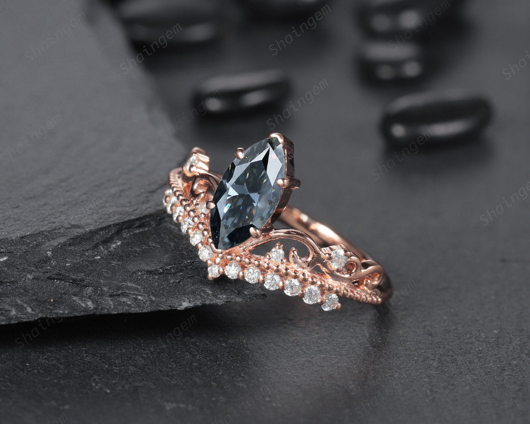 Vintage Marquise Gray Moissanite and Diamond Engagment Ring, Grey Moissanite Crown Milgrain Wedding Promise Ring, 14K Rose Gold Wedding Ring - ShainJewelry
