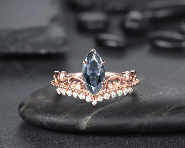 Vintage Marquise Gray Moissanite and Diamond Engagment Ring, Grey Moissanite Crown Milgrain Wedding Promise Ring, 14K Rose Gold Wedding Ring - ShainJewelry