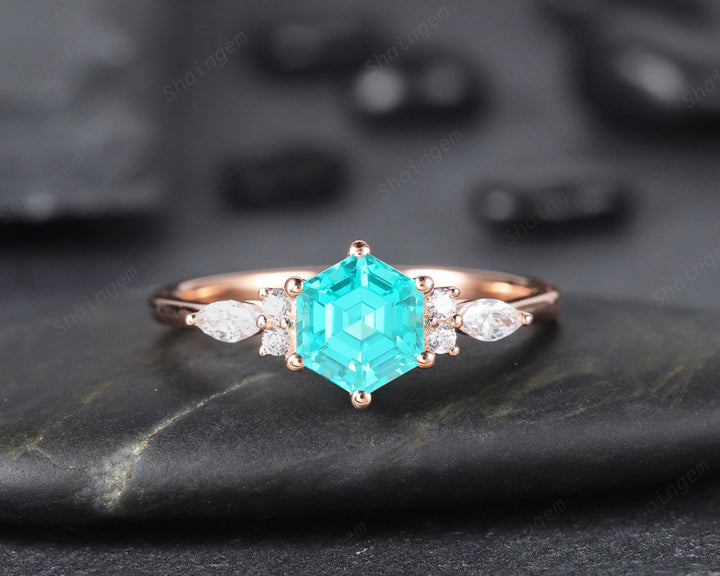 Unique Hexagon Blueish Green Paraiba Tourmaline Engagement Ring, Neon Blue Tourmaline and Diamond Wedding Ring, 14K Rose Gold Promise Ring - ShainJewelry