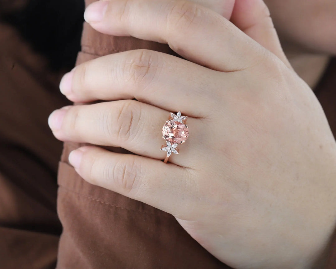 Vintage 8x10mm Oval Pink Morganite and Marquise Diamond Engagement Ring, Unique 14K Rose Gold Cluster Morganite Promise Ring, Wedding Ring - ShainJewelry