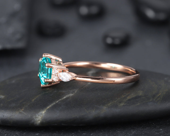 Unique Hexagon Blueish Green Paraiba Tourmaline Engagement Ring, Neon Blue Tourmaline and Diamond Wedding Ring, 14K Rose Gold Promise Ring - ShainJewelry