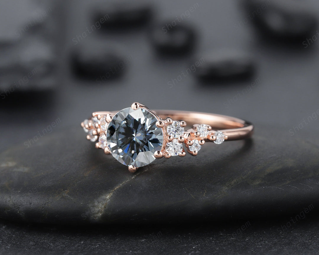 Unique Round Cluster Gray Moissanite Engagement Ring, 14K Rose Gold Grey Moissanite Promise Wedding Ring, Art Deco Anniversary Ring For her - ShainJewelry