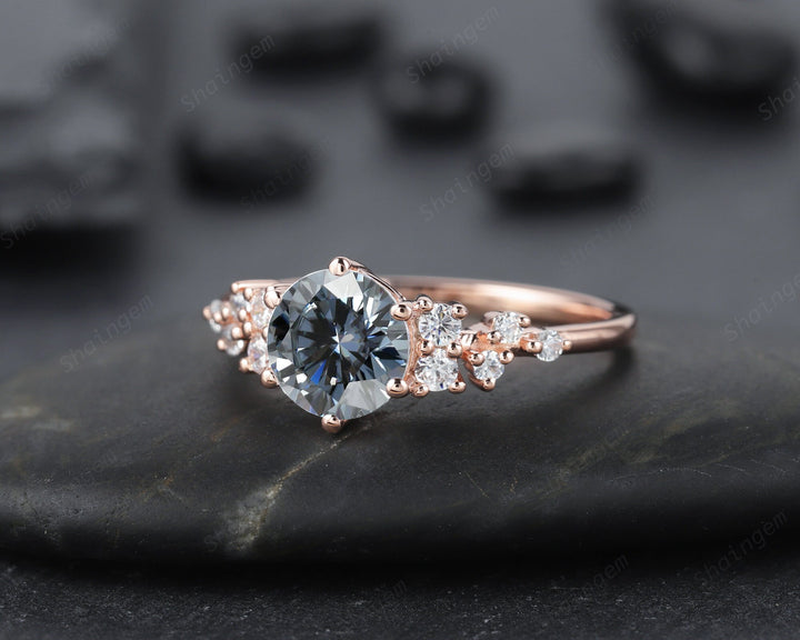 Unique Round Cluster Gray Moissanite Engagement Ring, 14K Rose Gold Grey Moissanite Promise Wedding Ring, Art Deco Anniversary Ring For her - ShainJewelry