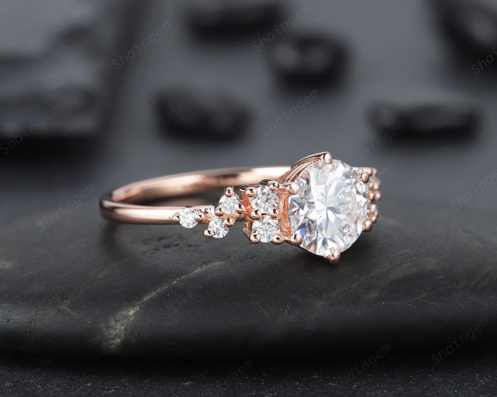 1.2CT Unique Round Cluster Moissanite Ring Diamond Engagement Ring, 14K Rose Gold Moissanite Promise Wedding Anniversary Ring Gift For Women - ShainJewelry