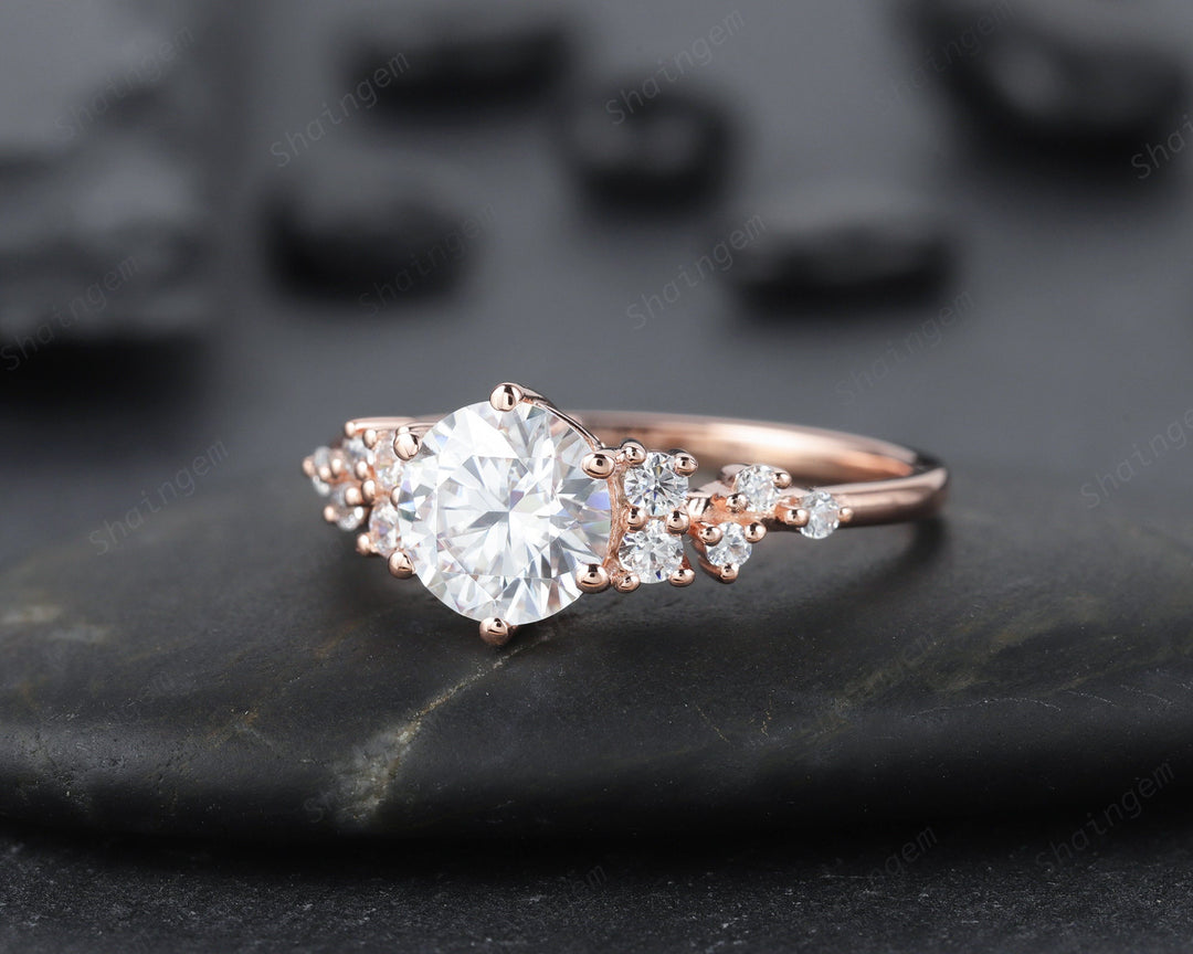 1.2CT Unique Round Cluster Moissanite Ring Diamond Engagement Ring, 14K Rose Gold Moissanite Promise Wedding Anniversary Ring Gift For Women - ShainJewelry