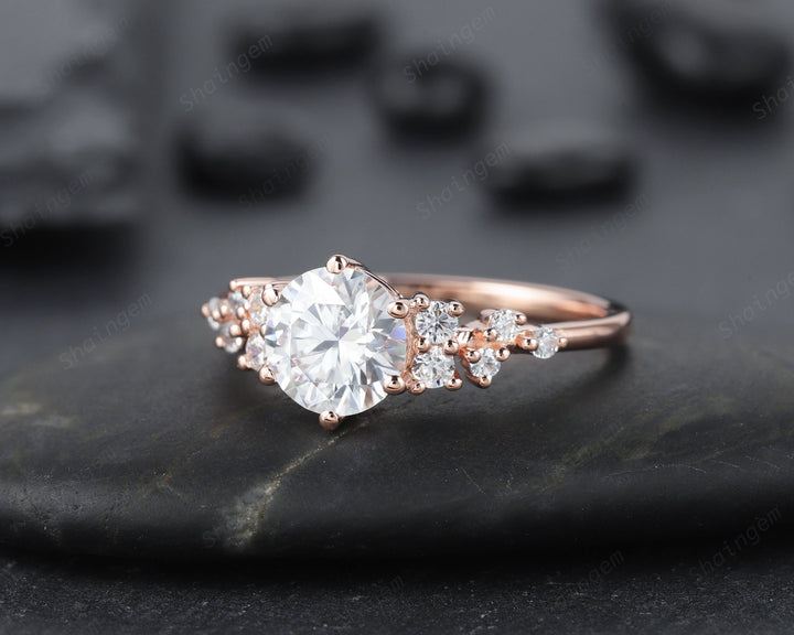 1.2CT Unique Round Cluster Moissanite Ring Diamond Engagement Ring, 14K Rose Gold Moissanite Promise Wedding Anniversary Ring Gift For Women - ShainJewelry