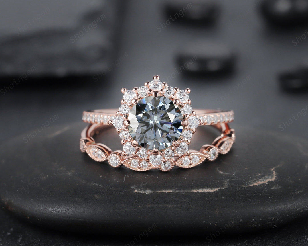 Vintage Round Cut Gray Moissanite Engagement Ring Set Rose Gold Floral Halo Grey Moissanite Wedding Promise Ring Bridal Set Anniversary Gift - ShainJewelry