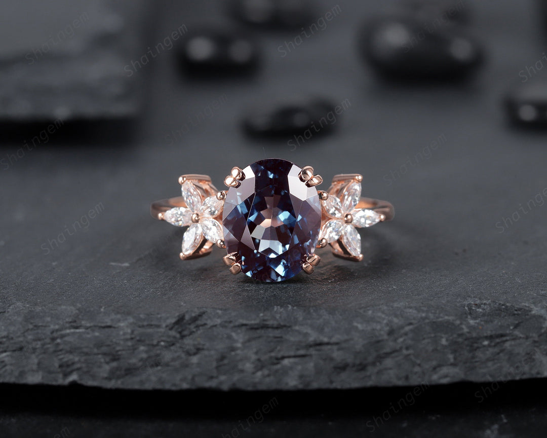 Vintage 8x10mm Oval Alexandrite and Floral Diamond Engagement Ring, Unique 14K Rose Gold June Birthstone Cluster Promise Ring, Wedding Ring - ShainJewelry