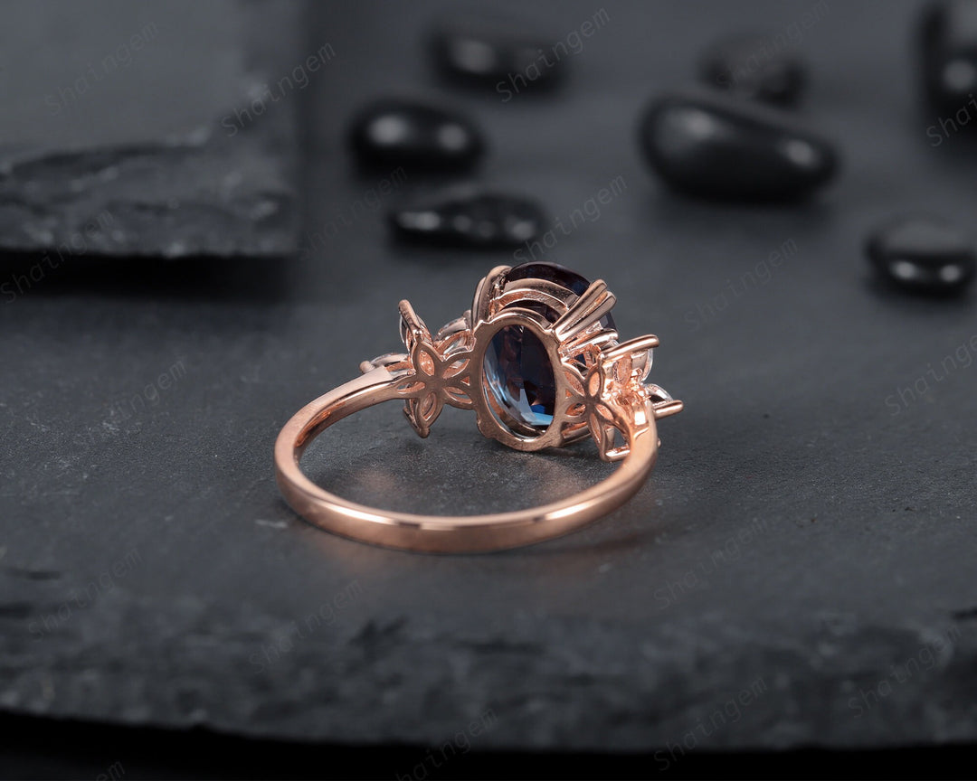 Vintage 8x10mm Oval Alexandrite and Floral Diamond Engagement Ring, Unique 14K Rose Gold June Birthstone Cluster Promise Ring, Wedding Ring - ShainJewelry