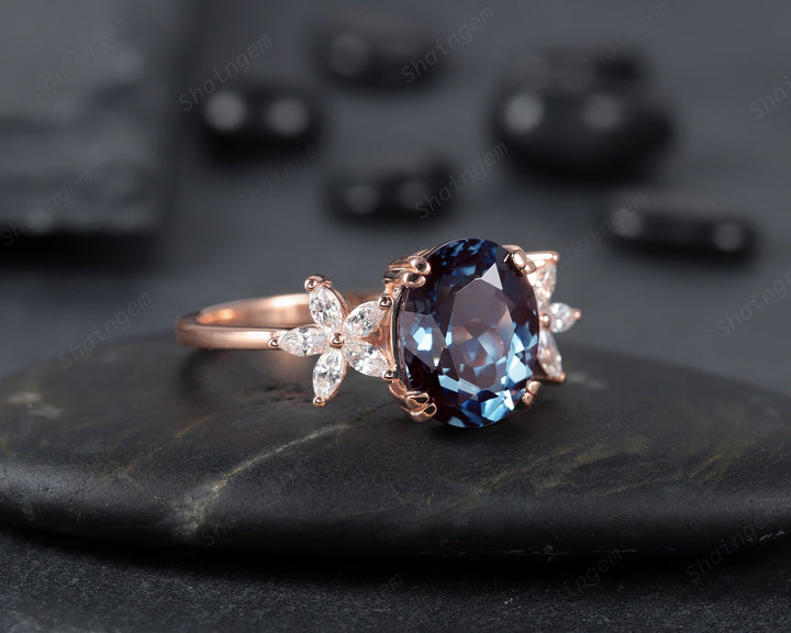 Vintage 8x10mm Oval Alexandrite and Floral Diamond Engagement Ring, Unique 14K Rose Gold June Birthstone Cluster Promise Ring, Wedding Ring - ShainJewelry