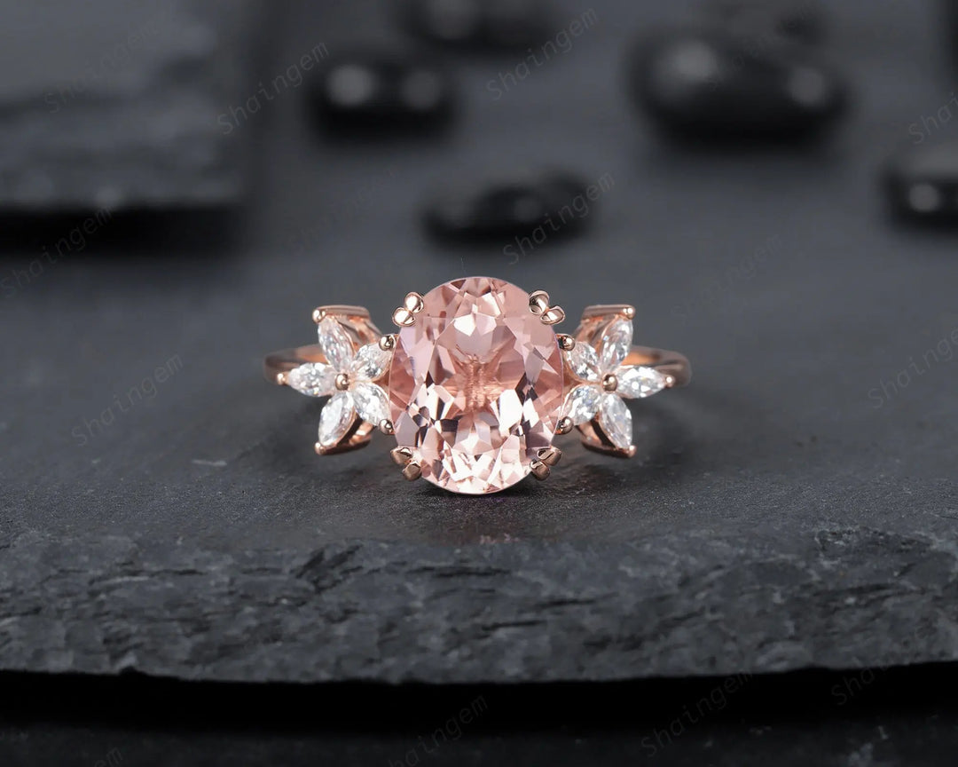 Vintage 8x10mm Oval Pink Morganite and Marquise Diamond Engagement Ring, Unique 14K Rose Gold Cluster Morganite Promise Ring, Wedding Ring - ShainJewelry